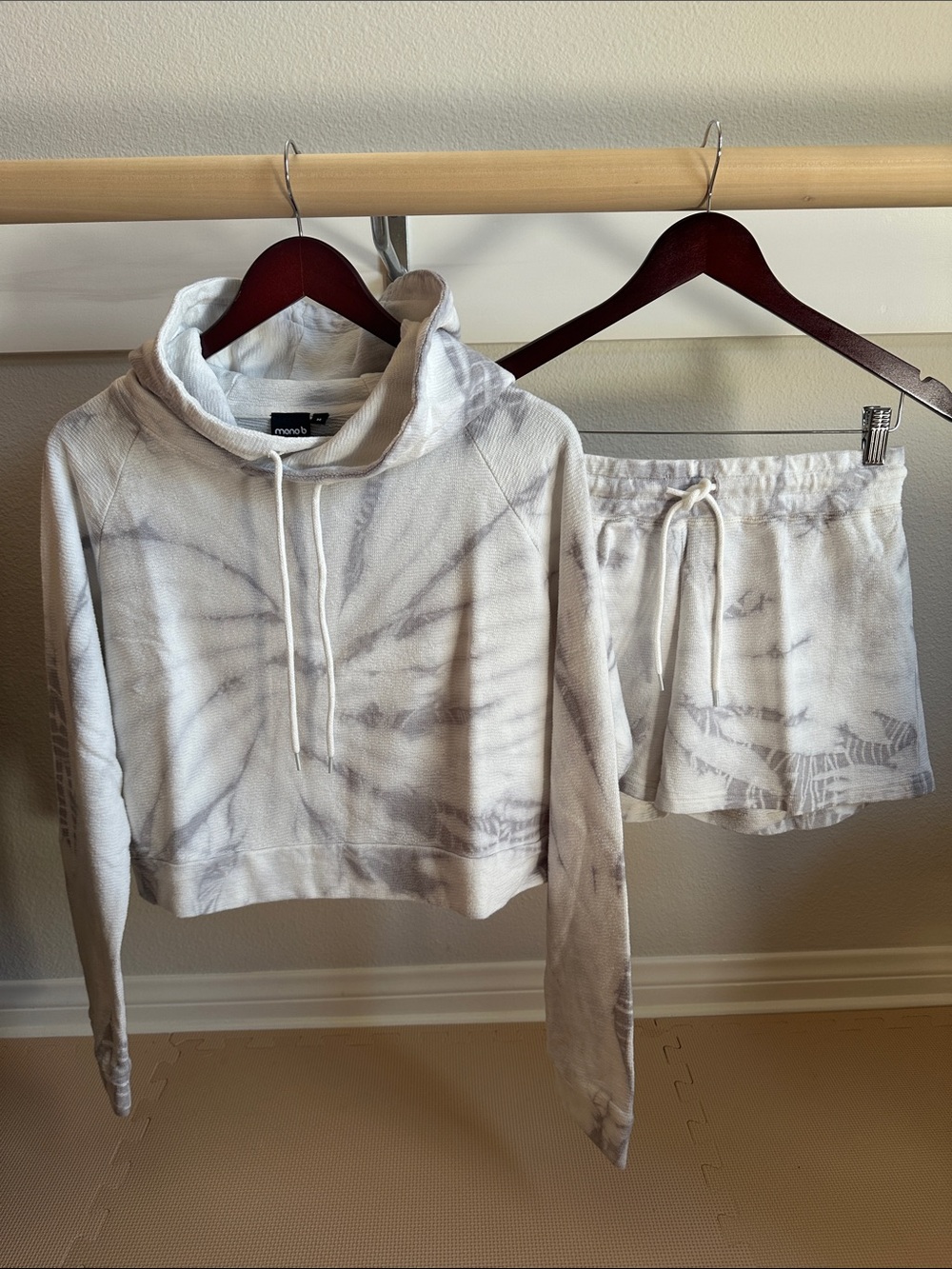 Mono B Cream and Light Gray Tie-Dye Hoodie & Shorts Set